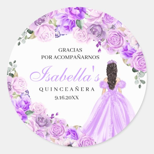 Lila Paarse Floral Quinceanera Ronde Stickers (Voorkant)