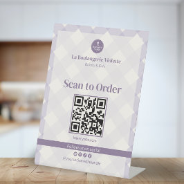 Lila Paarse Gingham Bakkerij QR Scan om te Bestell Reclamebord Met Voetstuk