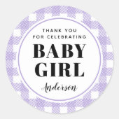 Lila Paarse Gingham Plaid Dank u Baby Meisje Ronde Sticker (Voorkant)