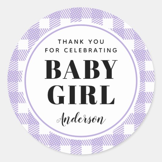 Lila Paarse Gingham Plaid Dank u Baby Meisje Ronde Sticker (Voorkant)