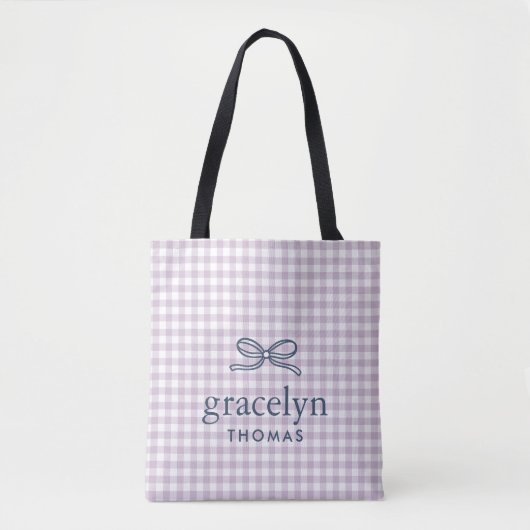 Lila Paarse Gingham Strik Monogram Tote Bag (Voorkant)