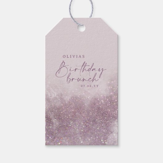 Lila paarse glitter elegant verjaardag brunch chic cadeaulabel (Voorkant)
