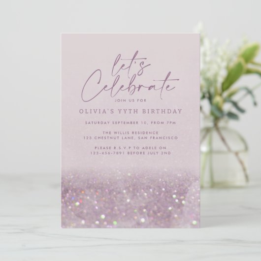 Lila paarse glitter elegant verjaardag uniek kaart (Staand voorkant)