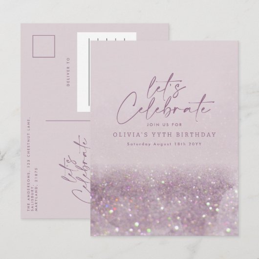Lila paarse glitter elegant verjaardag uniek uitnodiging briefkaart (Voorkant / Achterkant)