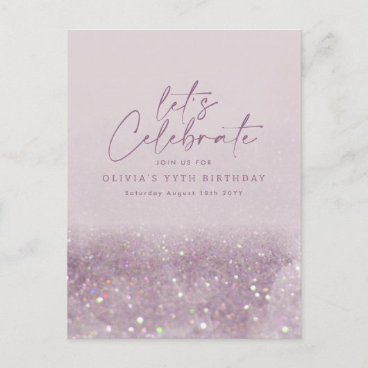 Lila paarse glitter elegant verjaardag uniek uitnodiging briefkaart (Voorkant)