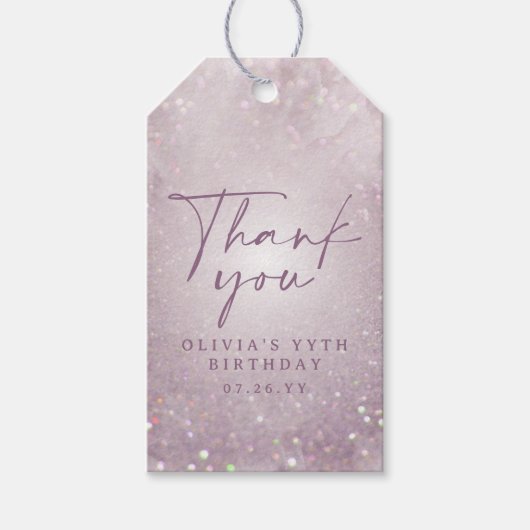 Lila paarse glitter elegant verjaardagsfeest decor cadeaulabel (Voorkant)