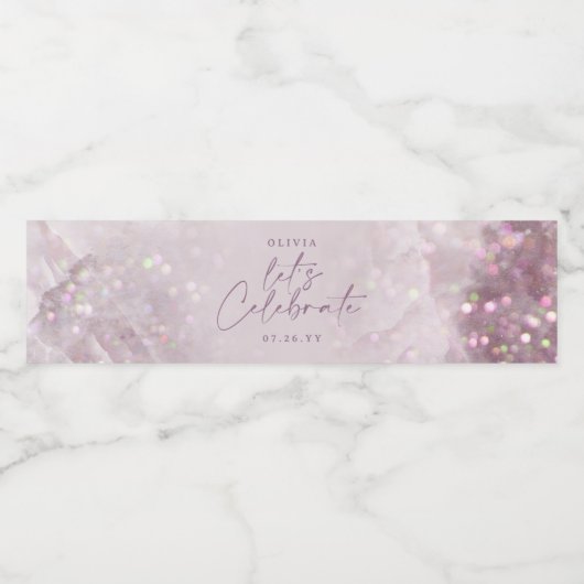 Lila paarse glitter elegant verjaardagsfeestje waterfles etiket (Enkel label)