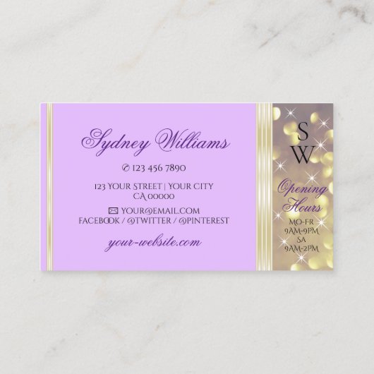  Lila Paarse Glitter Stars Initialen Visitekaartje (Achterkant)