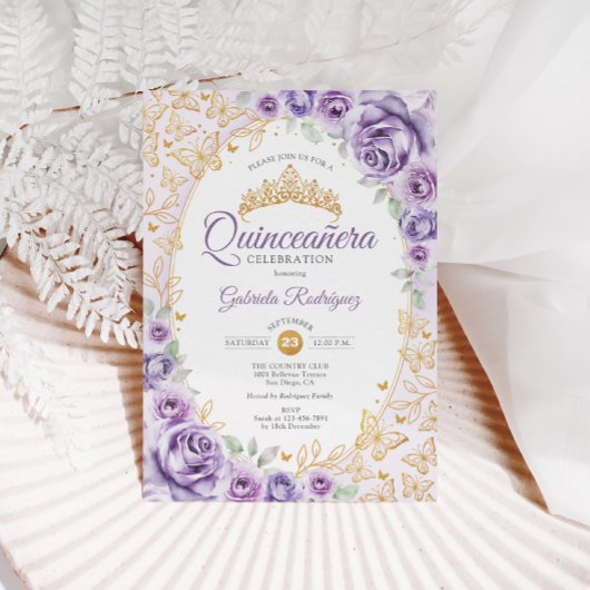 Lila Paarse Gouden Bloemen Quinceanera Kaart