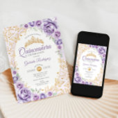 Lila Paarse Gouden Bloemen Quinceanera Kaart