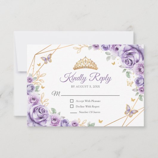 Lila Paarse Gouden Bloemen Quinceanera Reageer RSVP Kaartje (Voorkant)