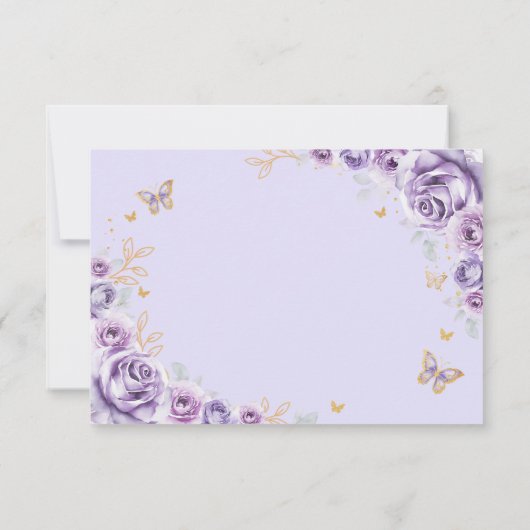 Lila Paarse Gouden Bloemen Quinceanera Reageer RSVP Kaartje (Achterkant)