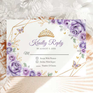 Lila Paarse Gouden Bloemen Quinceanera Reageer RSVP Kaartje