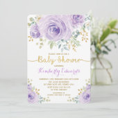 Lila Paarse Gouden Bloemen Rozen Meisje Baby showe Kaart (Staand voorkant)