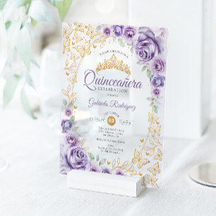 Lila Paarse Gouden Bloemige Quinceanera Acryl Uitnodigingen