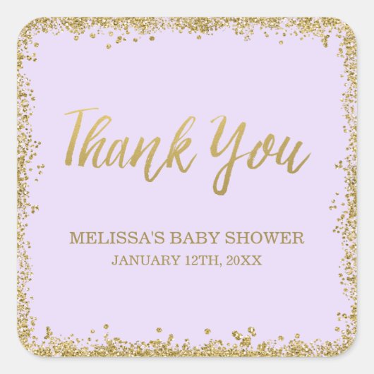 Lila Paarse gouden glitter Baby shower dank u Vierkante Sticker (Voorkant)