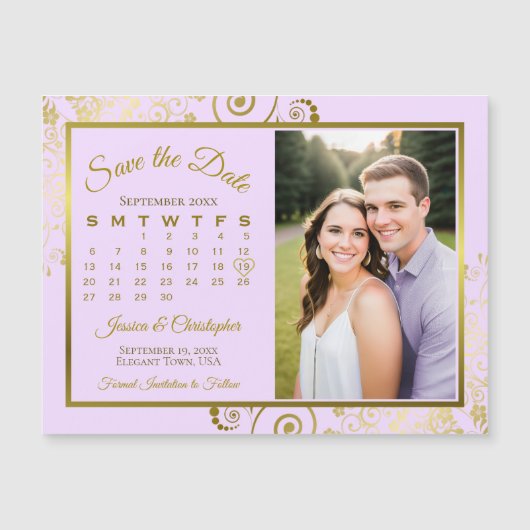 Lila Paarse Gouden Kalender Foto Opslaan Datum Mag Magnetische Uitnodiging (Voorkant)