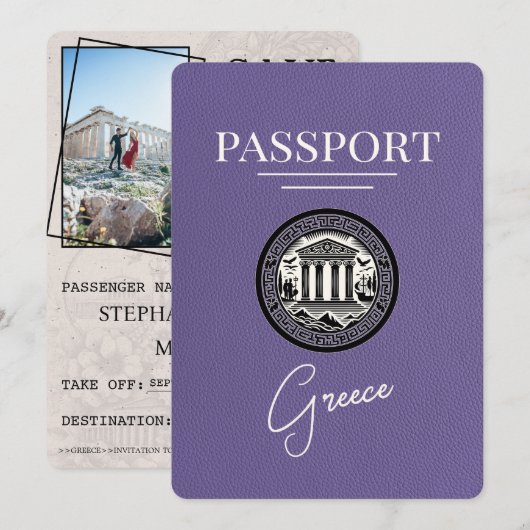 Lila Paarse Griekenland Paspoort Save the Date Kaa (Voorkant / Achterkant)