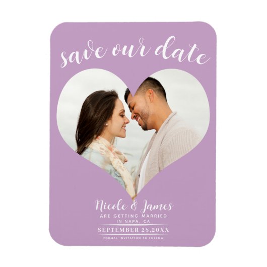Lila Paarse Hart Foto Bruiloft Save the Date Magneet (Verticaal)