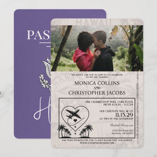 Lila Paarse Hawaii Passport bruiloft uitnodiging (Voorkant / Achterkant)