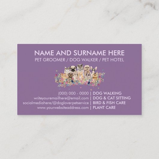 Lila Paarse honden en kattenbloemen Visitekaartje (Achterkant)