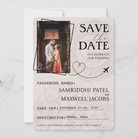 Lila Paarse India Paspoort Bewaar de datum Save The Date (Achterkant)