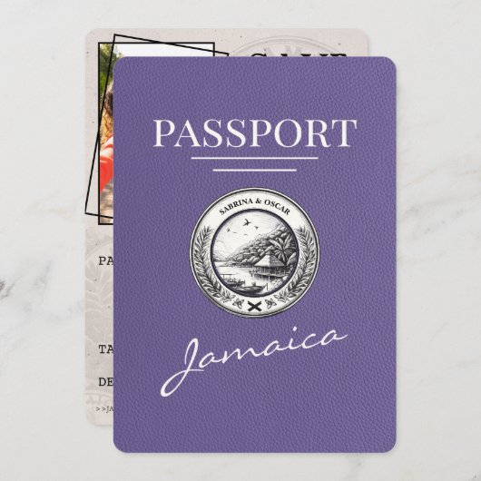 Lila Paarse Jamaica Passport Bewaar de datum Save The Date (Voorkant / Achterkant)
