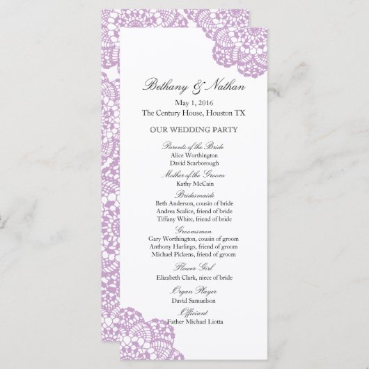 Lila Paarse kant Doily Wedding Programma Programmakaart (Voorkant / Achterkant)