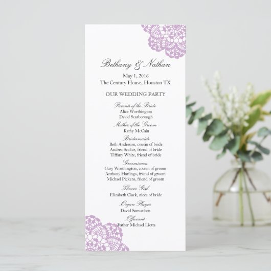 Lila Paarse kant Doily Wedding Programma Programmakaart (Staand voorkant)