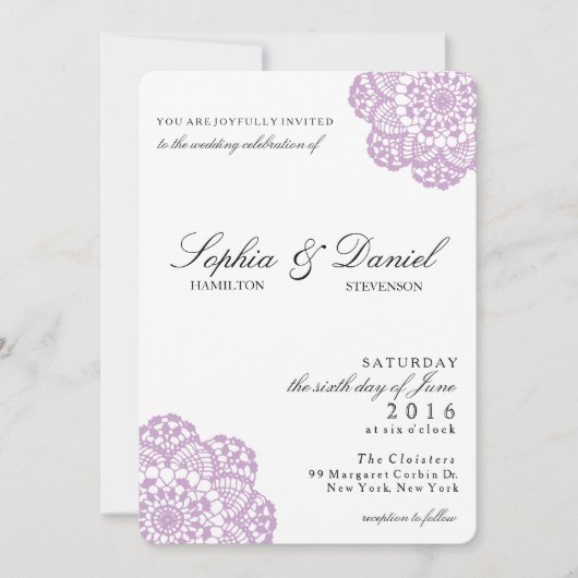 Lila Paarse Lace Doily Wedding Invitation Kaart (Voorkant)