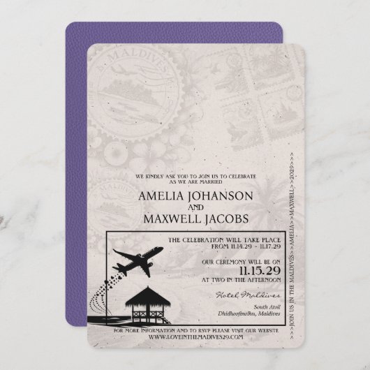 Lila Paarse Malediven Paspoortbruiloft Kaart (Voorkant / Achterkant)