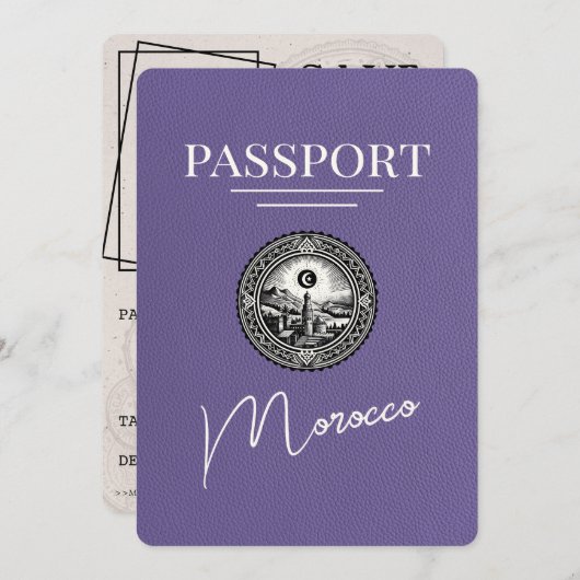 Lila Paarse Marokko Paspoort Bewaar de datum Save The Date (Voorkant / Achterkant)