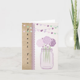 Lila Paarse Mason Jar Burlap Lace Dank je Bedankkaart