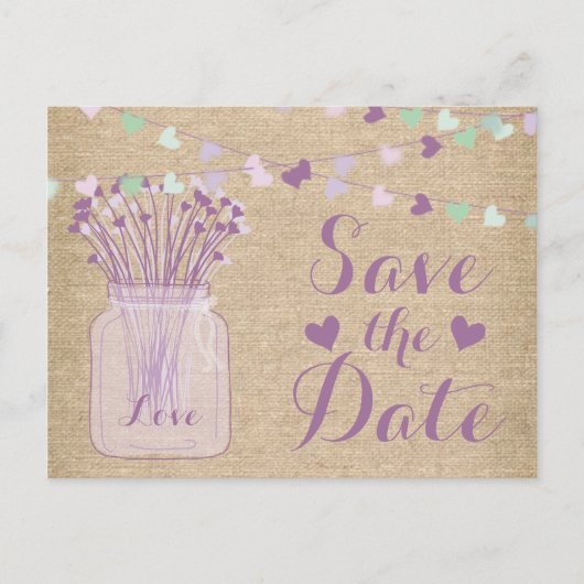 Lila Paarse Mason Jar Burlap Lace Save the Date Aankondigingskaart (Voorkant)