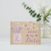 Lila Paarse Mason Jar Burlap Lace Save the Date Aankondigingskaart (Staand voorkant)