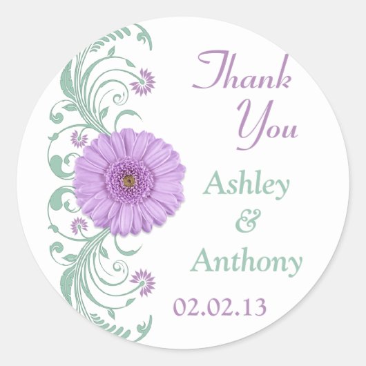 Lila Paarse Mint Bloemenbruiloft Dank u Favor Ronde Sticker (Voorkant)