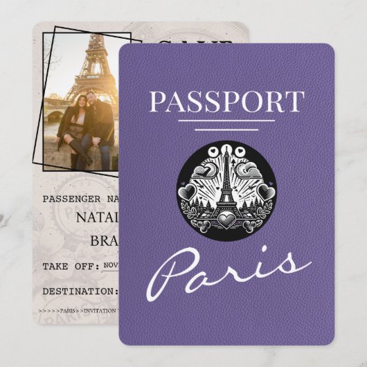Lila Paarse Parijse paspoort Bewaar de datum Save The Date (Voorkant / Achterkant)