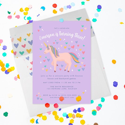 Lila Paarse pasteelregenboog Unicorn Birthday Part Kaart