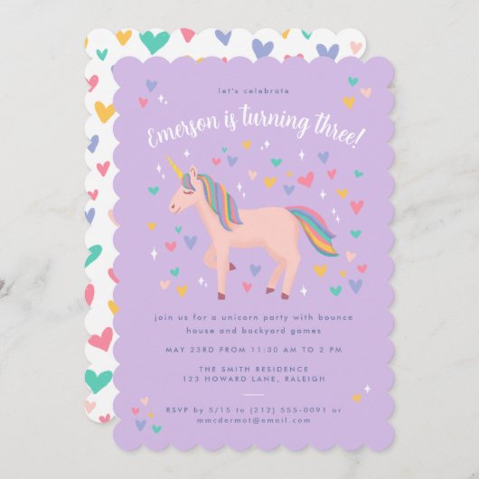 Lila Paarse pasteelregenboog Unicorn Birthday Part Kaart (Voorkant / Achterkant)