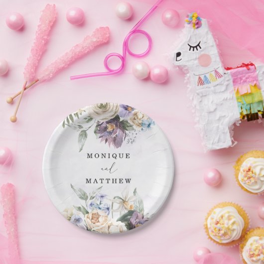 Lila Paarse Peony Wildbloemen Bouquet Wedding Papieren Bordje (Feest)