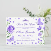 Lila Paarse Quinceañera 15e verjaardagsfeest Save The Date (Staand voorkant)