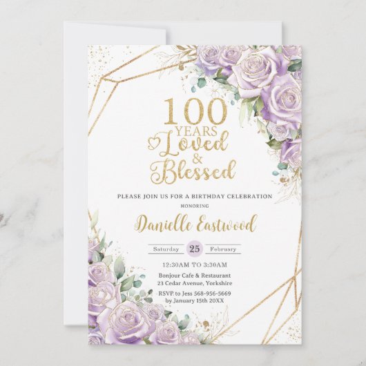 Lila Paarse Rozen Bloemen 100ste Verjaardag Gelief Kaart (Voorkant)