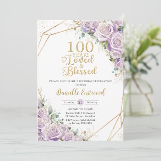 Lila Paarse Rozen Bloemen 100ste Verjaardag Gelief Kaart (Staand voorkant)