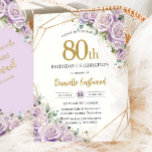Lila Paarse Rozen Bloemen 80e Verjaardag Elke Leef Kaart<br><div class="desc">Vier een mijlpaal in stijl met deze prachtige pastel paarse lila bloemige verjaardagsuitnodiging met zachte waterverf rozen en elegante gouden accenten. Perfect voor een 50e, 60e, 70e, 80e, 90e, 100e verjaardagsfeest of elke leeftijd, dit tijdloze ontwerp brengt een vleugje sophisticatie naar een speciaal feest. Ideaal voor de mijlpaalverjaardagen van vrouwen,...</div>