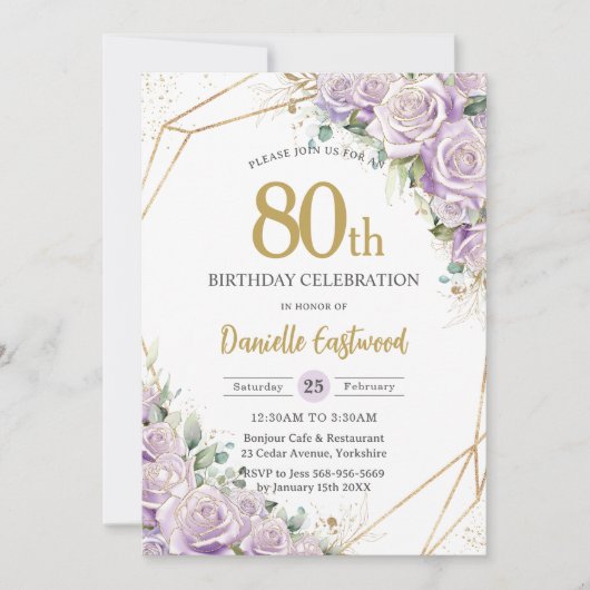 Lila Paarse Rozen Bloemen 80e Verjaardag Elke Leef Kaart (Voorkant)