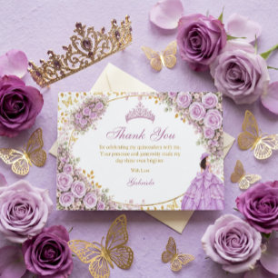Lila Paarse Rozen Gouden Vlinder Quinceañera Bedankkaart
