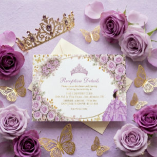 Lila Paarse Rozen Gouden Vlinder Quinceañera Informatiekaartje