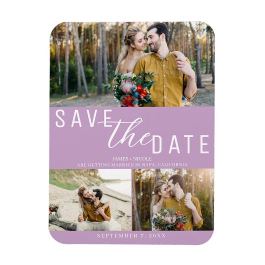 Lila Paarse Save the Date Wedding 3 Foto's Magneet (Verticaal)