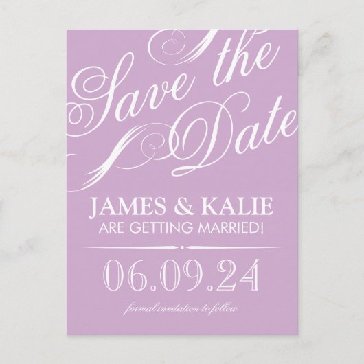 Lila Paarse  Script De datum opslaan Aankondigingskaart (Voorkant)