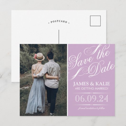Lila Paarse  Script Foto Opslaan van de datum Aankondigingskaart (Voorkant / Achterkant)